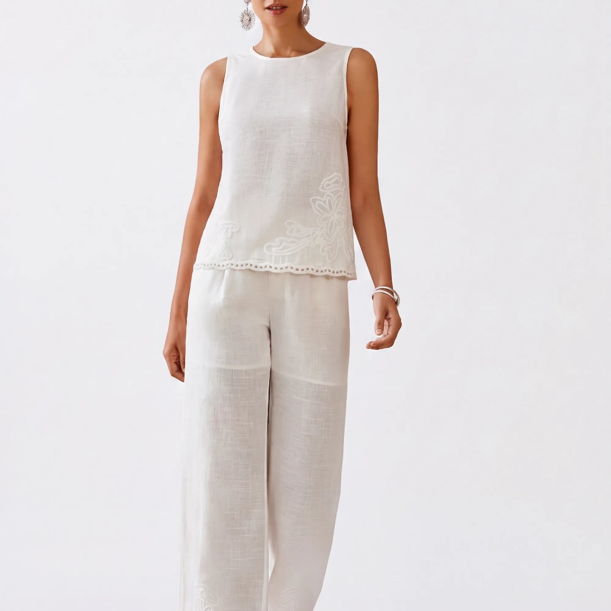 Elppis White Sleeveless Embroidered Linen-Blend Tank Top, white-background full-length front view on model — SKU 3J6D12339BT