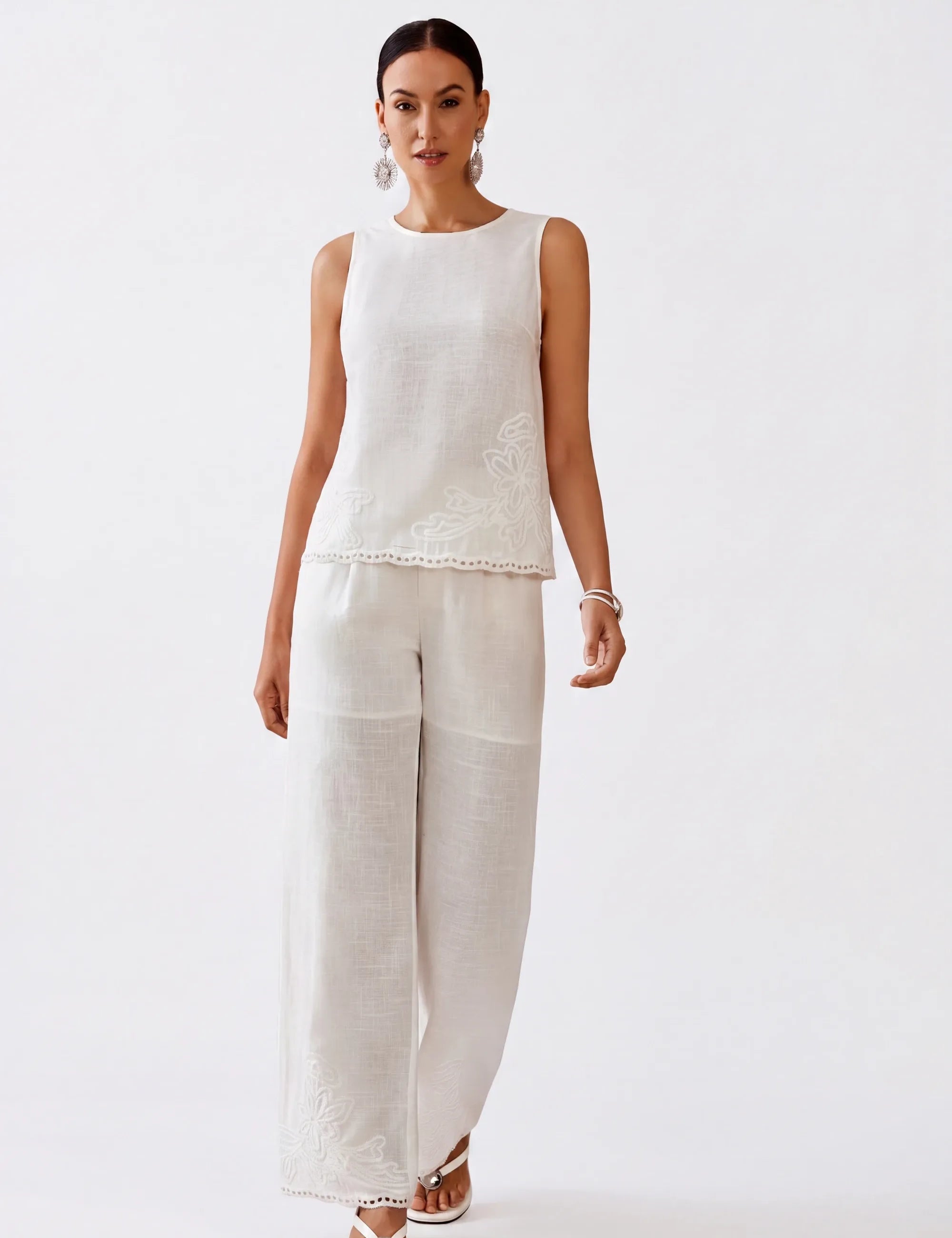 Elppis White Sleeveless Embroidered Linen-Blend Tank Top, white-background full-length front view on model — SKU 3J6D12339BT