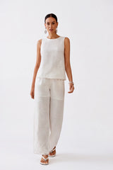 White Sleeveless Embroidered Linen-Blend Tank Top