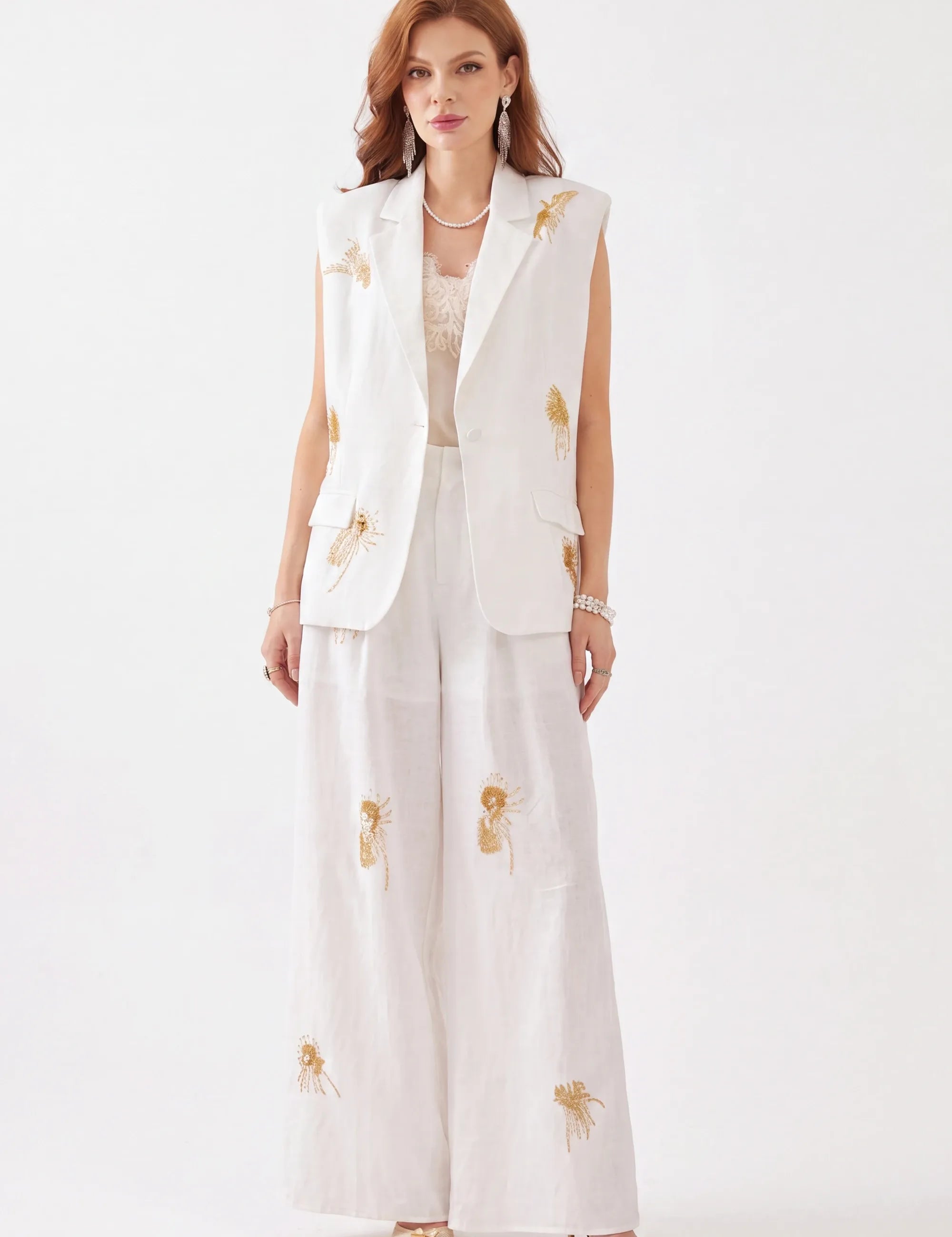 Elppis Linen Blend Vest, white-background full-length front view on model — SKU JD4D6656BO