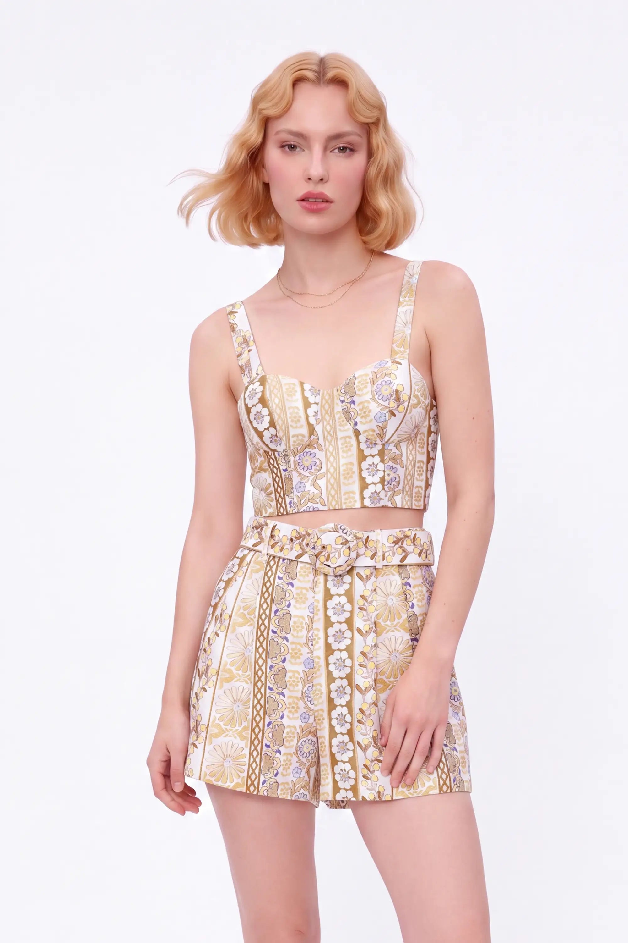 Yellow Floral Cotton Crop Camisole — model front view 2