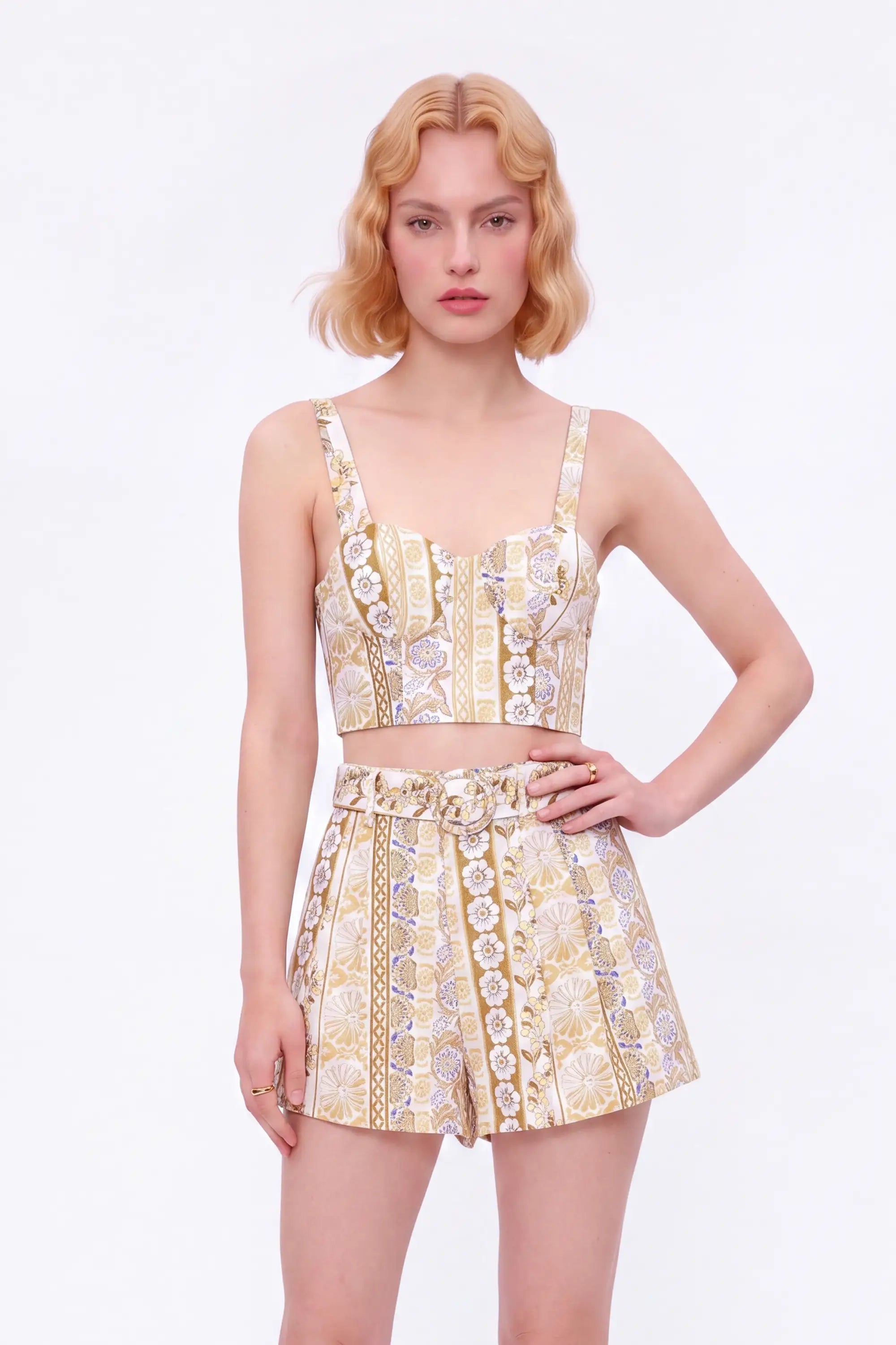 Yellow Floral Cotton Crop Camisole — model front view 3
