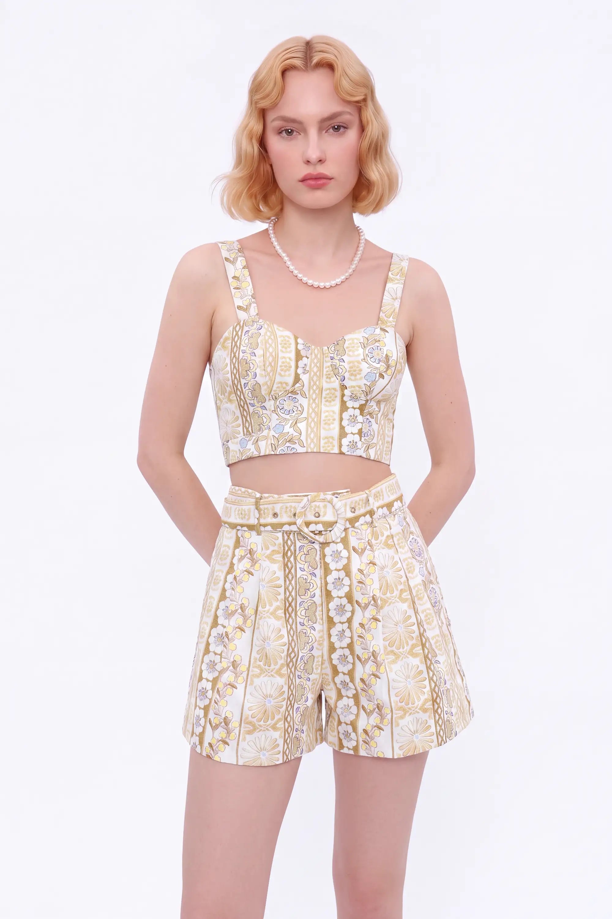 Yellow Floral Cotton Crop Camisole — model front view 4