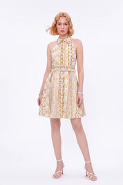 Yellow Floral Cotton Halter Collar Dress — Model White Background View 2