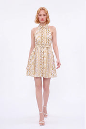 Yellow Floral Cotton Halter Collar Dress — Model White Background View 3