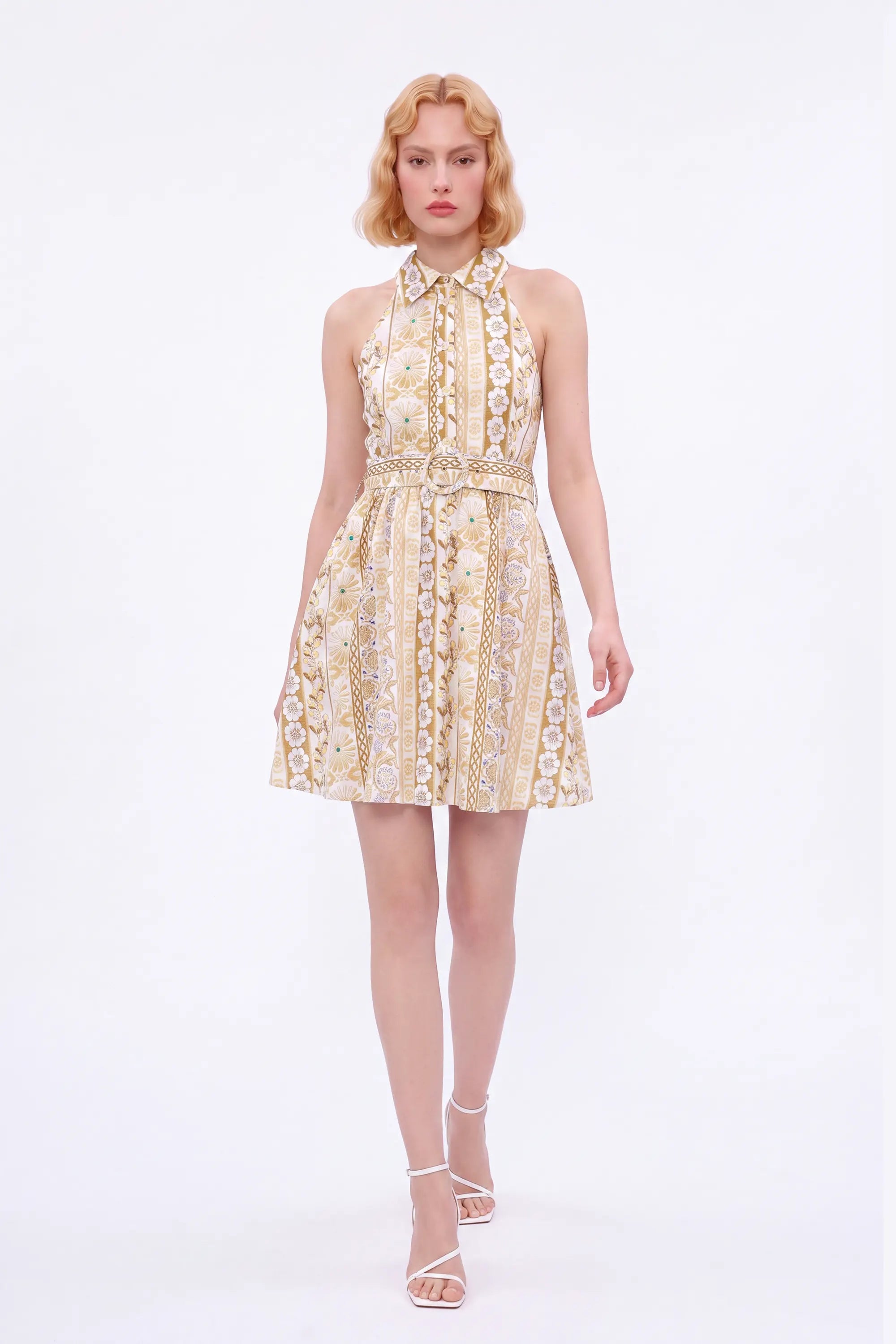 Yellow Floral Cotton Halter Collar Dress — Model White Background View 3