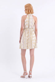 Yellow Floral Cotton Halter Collar Dress — Model White Background View 5