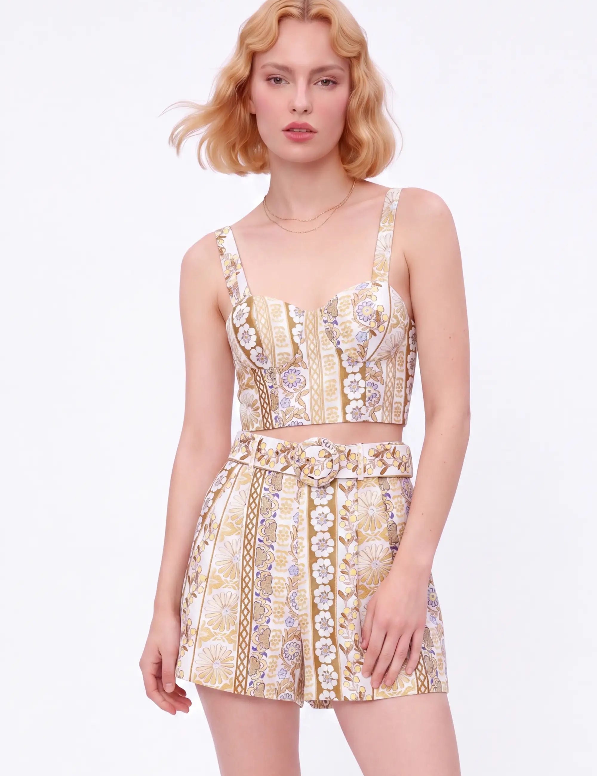 Yellow Floral Cotton High-Waisted Shorts — model front view 2
