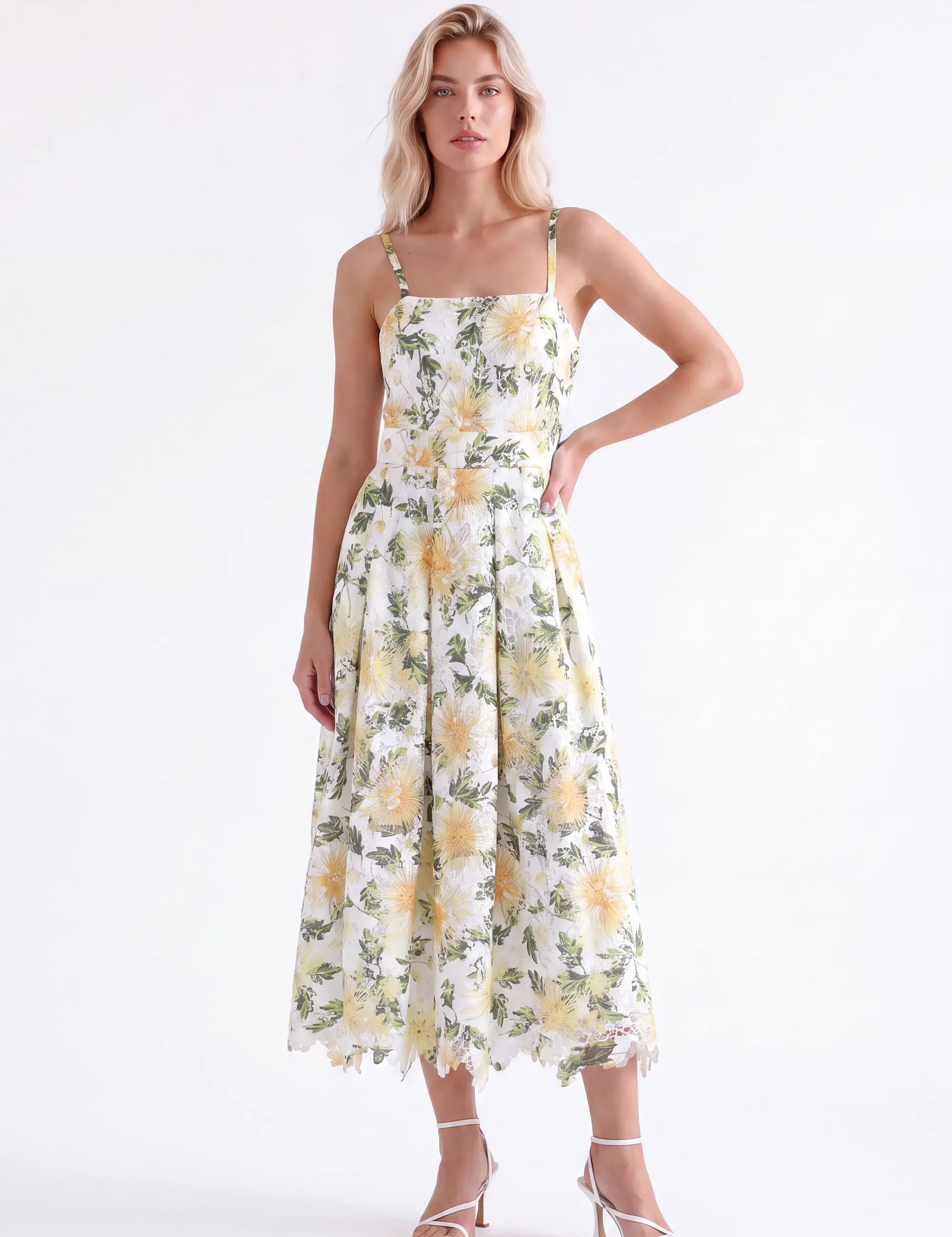 Yellow Floral Lace Midi Dress — Model White Background Front