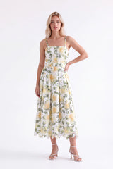 Yellow Floral Lace Midi Dress