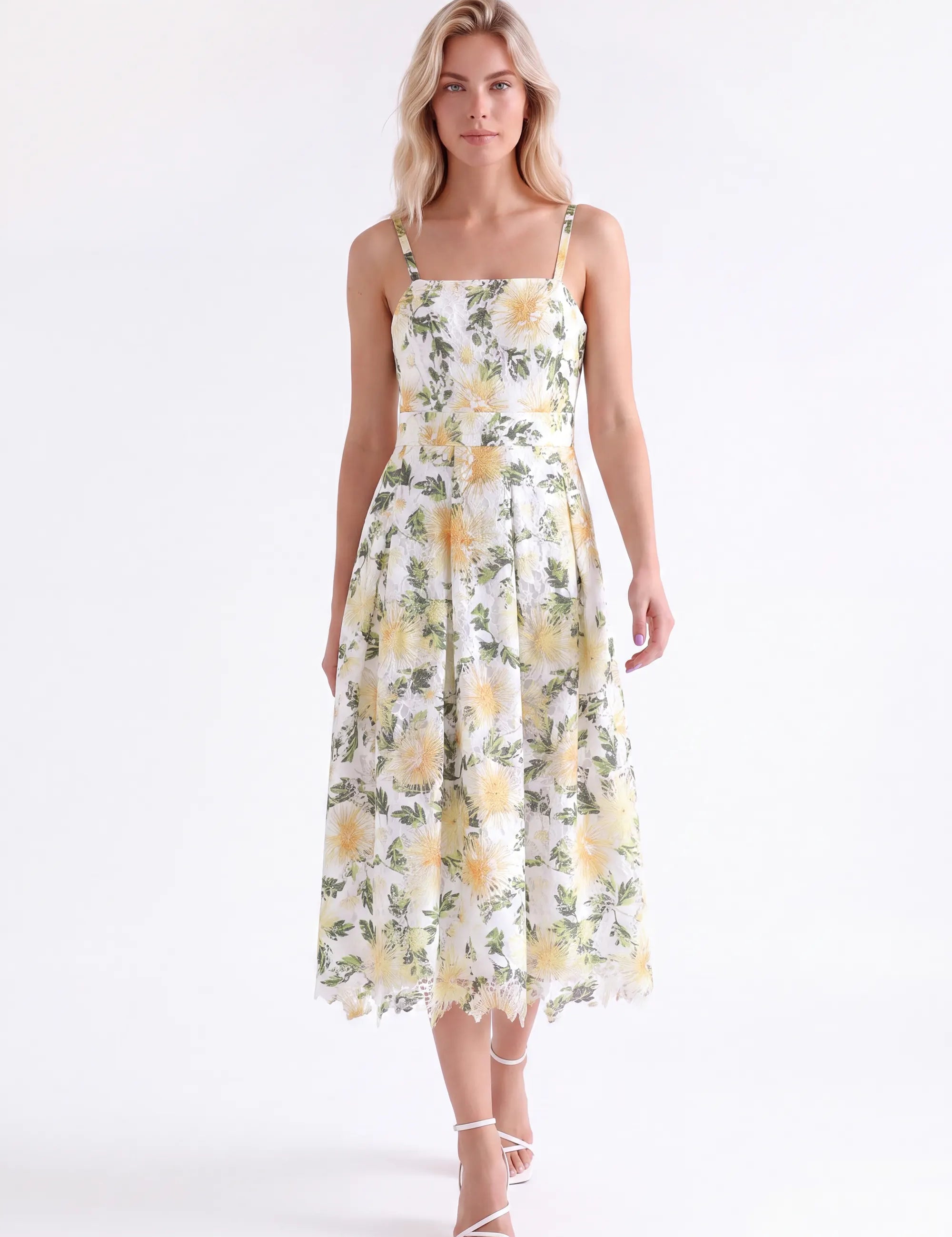 Yellow Floral Lace Midi Dress — Model White Background View 2