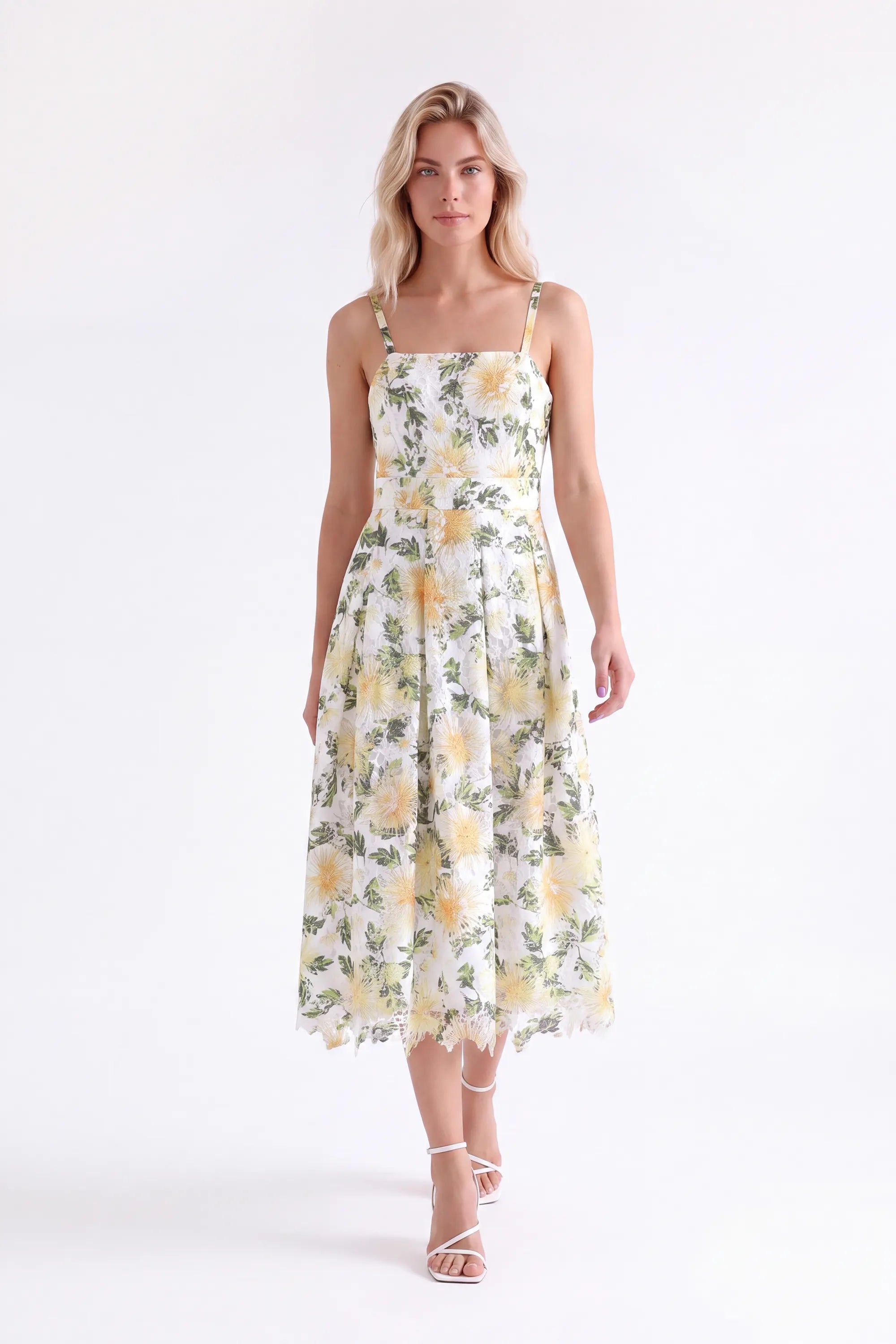 Yellow Floral Lace Midi Dress — Model White Background View 2