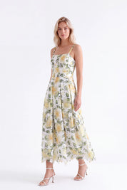 Yellow Floral Lace Midi Dress — Model White Background View 3
