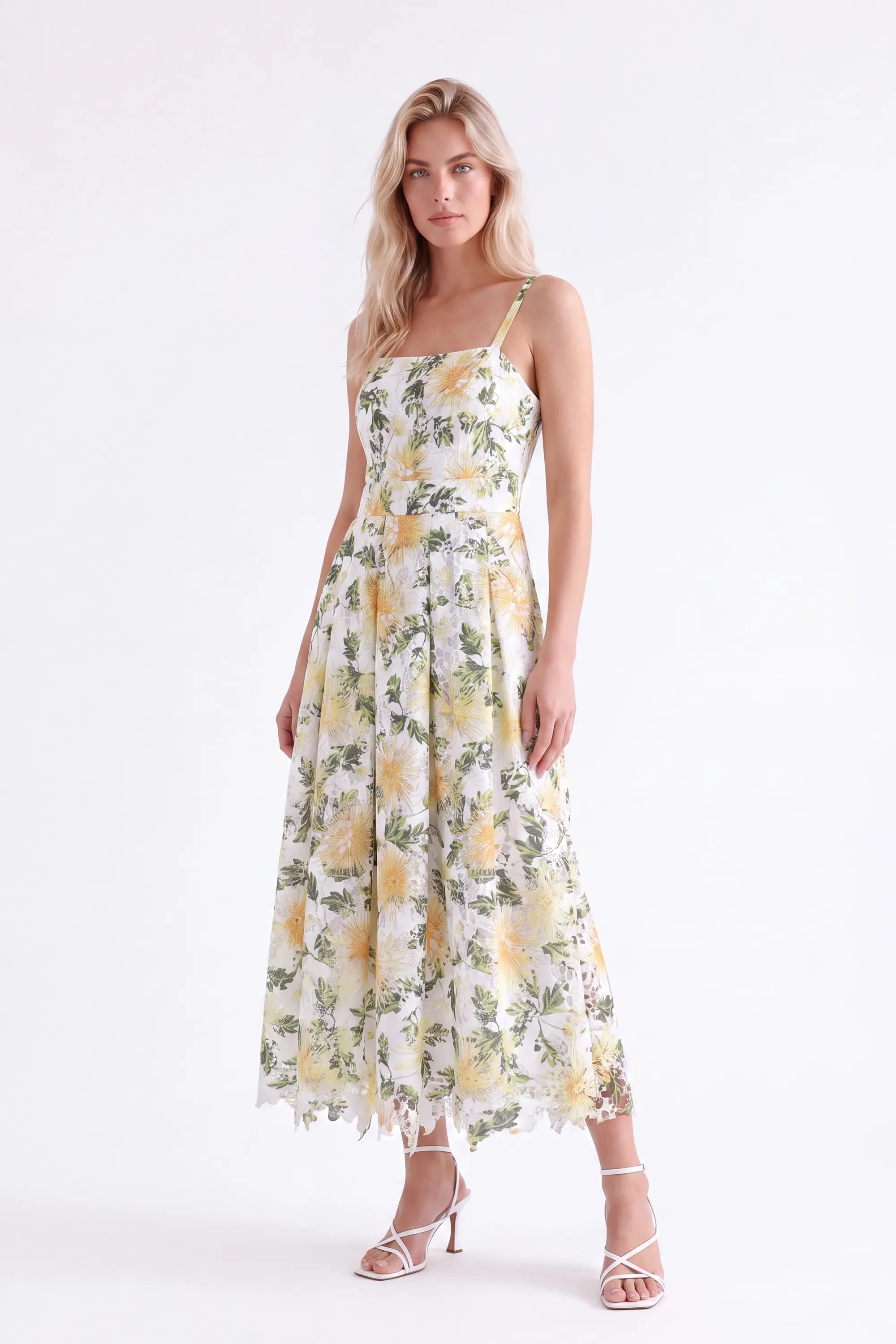 Yellow Floral Lace Midi Dress — Model White Background View 4