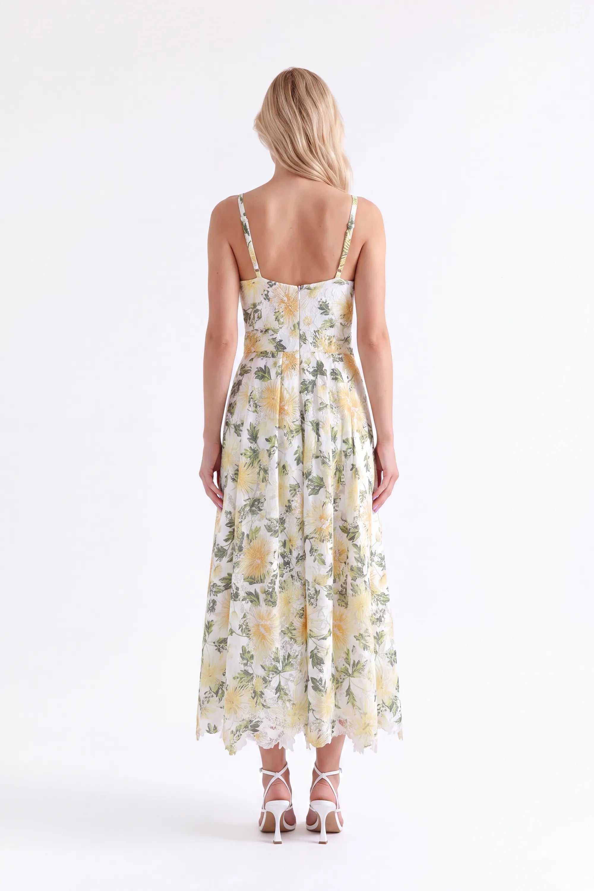 Yellow Floral Lace Midi Dress — Model White Background View 5