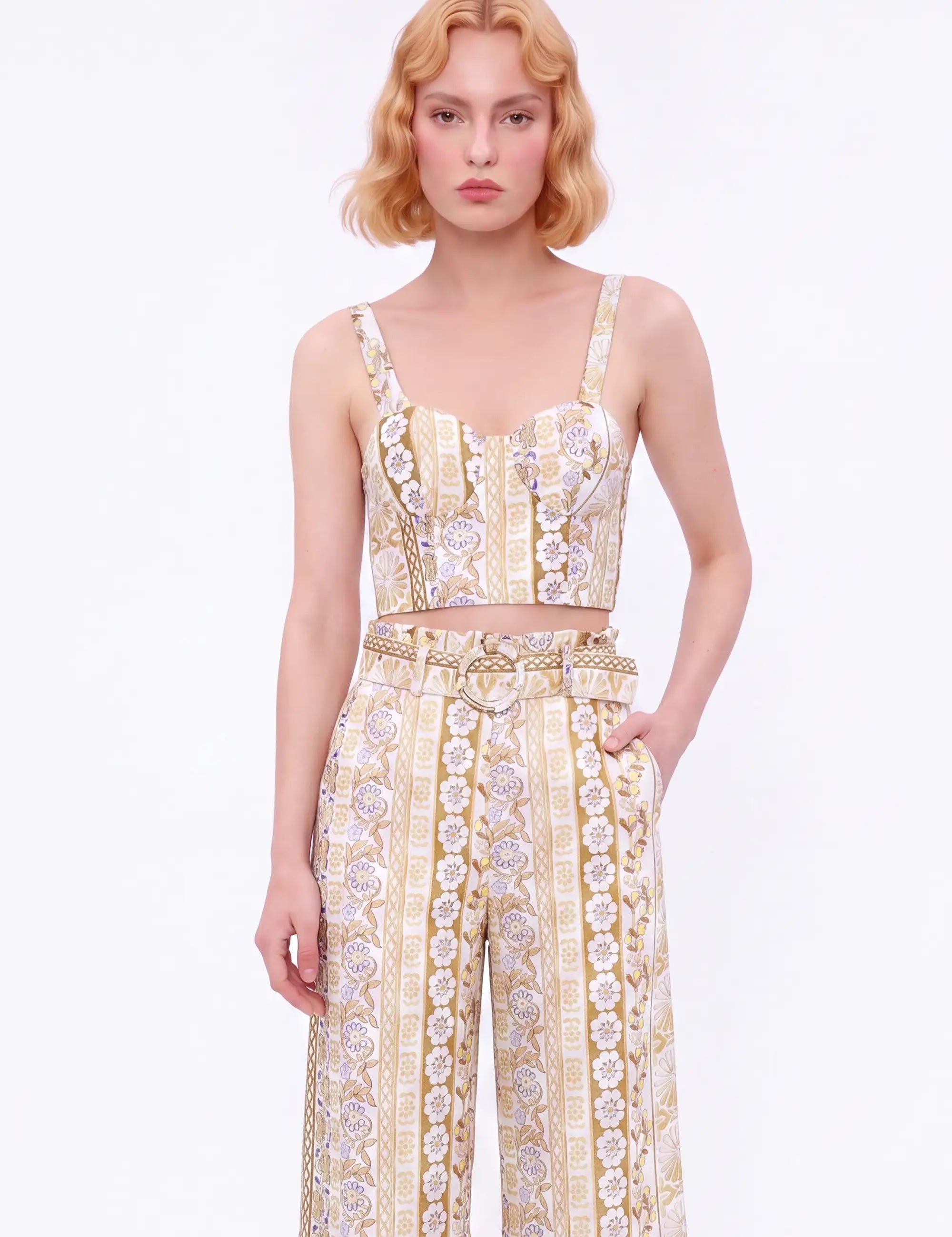 Yellow Floral Linen High-Waisted Wide-Leg Pants — model front view 1