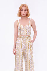 Yellow Floral Linen High-Waisted Wide-Leg Pants