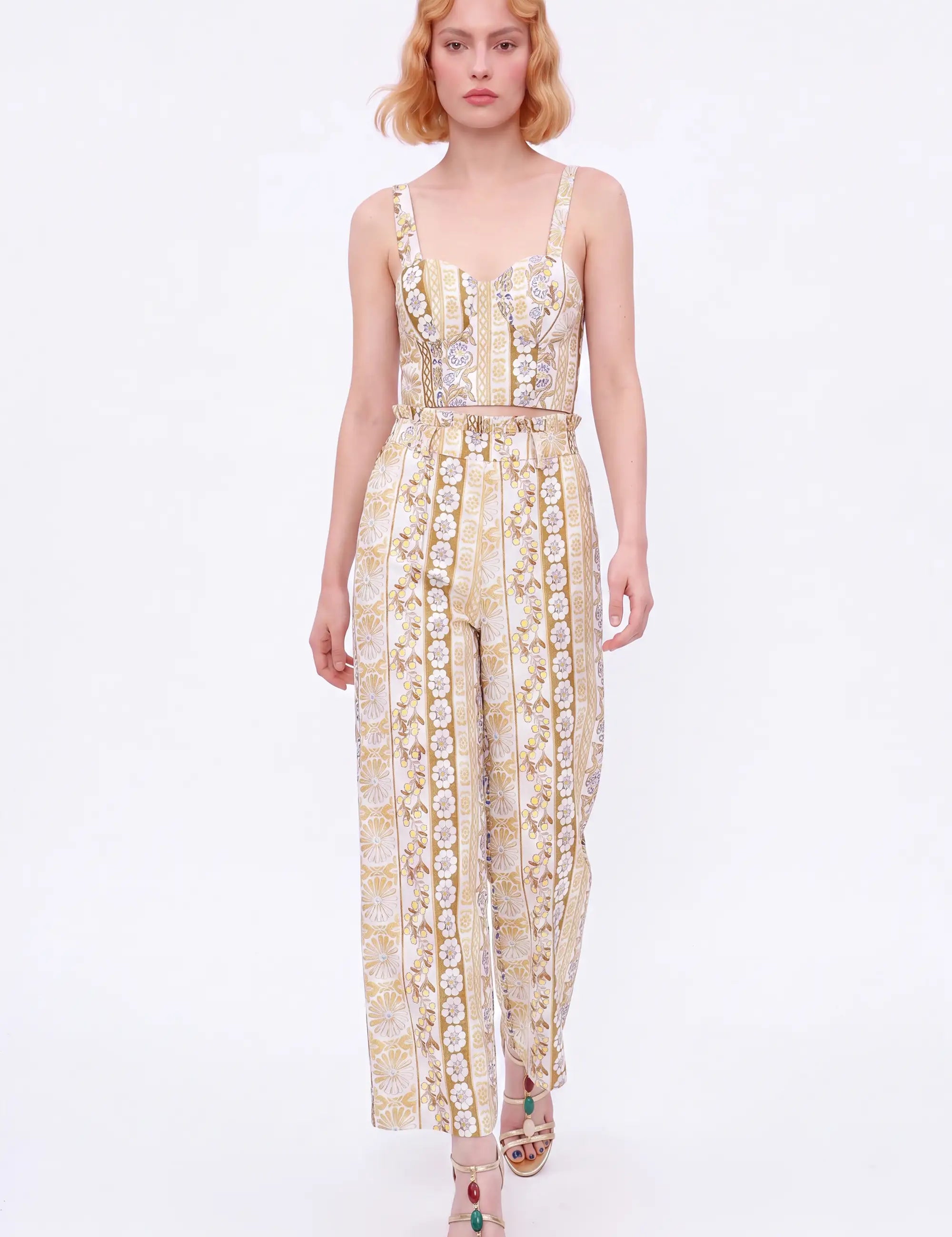 Yellow Floral Linen High-Waisted Wide-Leg Pants — model front view 2
