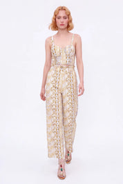 Yellow Floral Linen High-Waisted Wide-Leg Pants — model front view 2