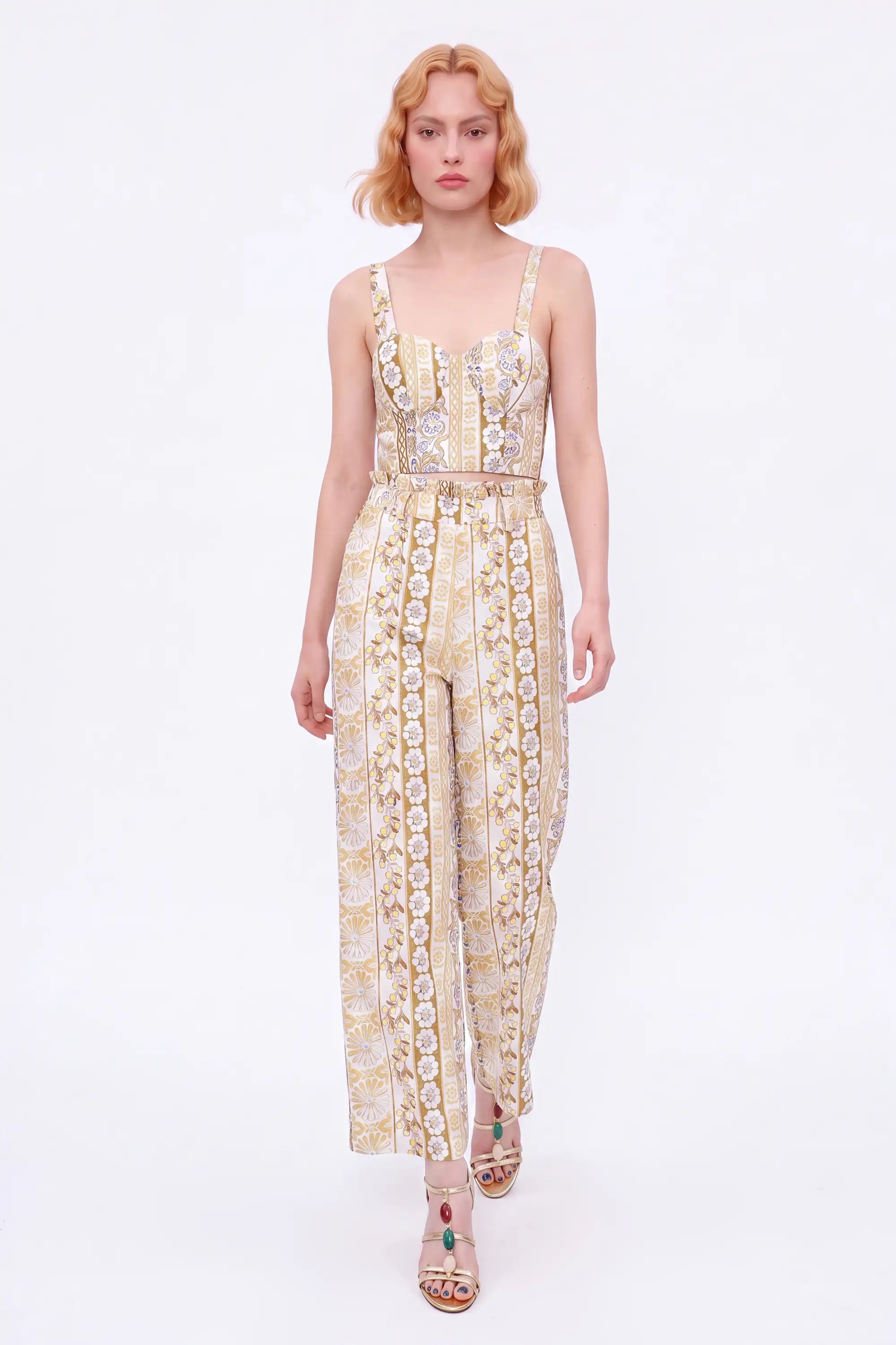 Yellow Floral Linen High-Waisted Wide-Leg Pants — model front view 2