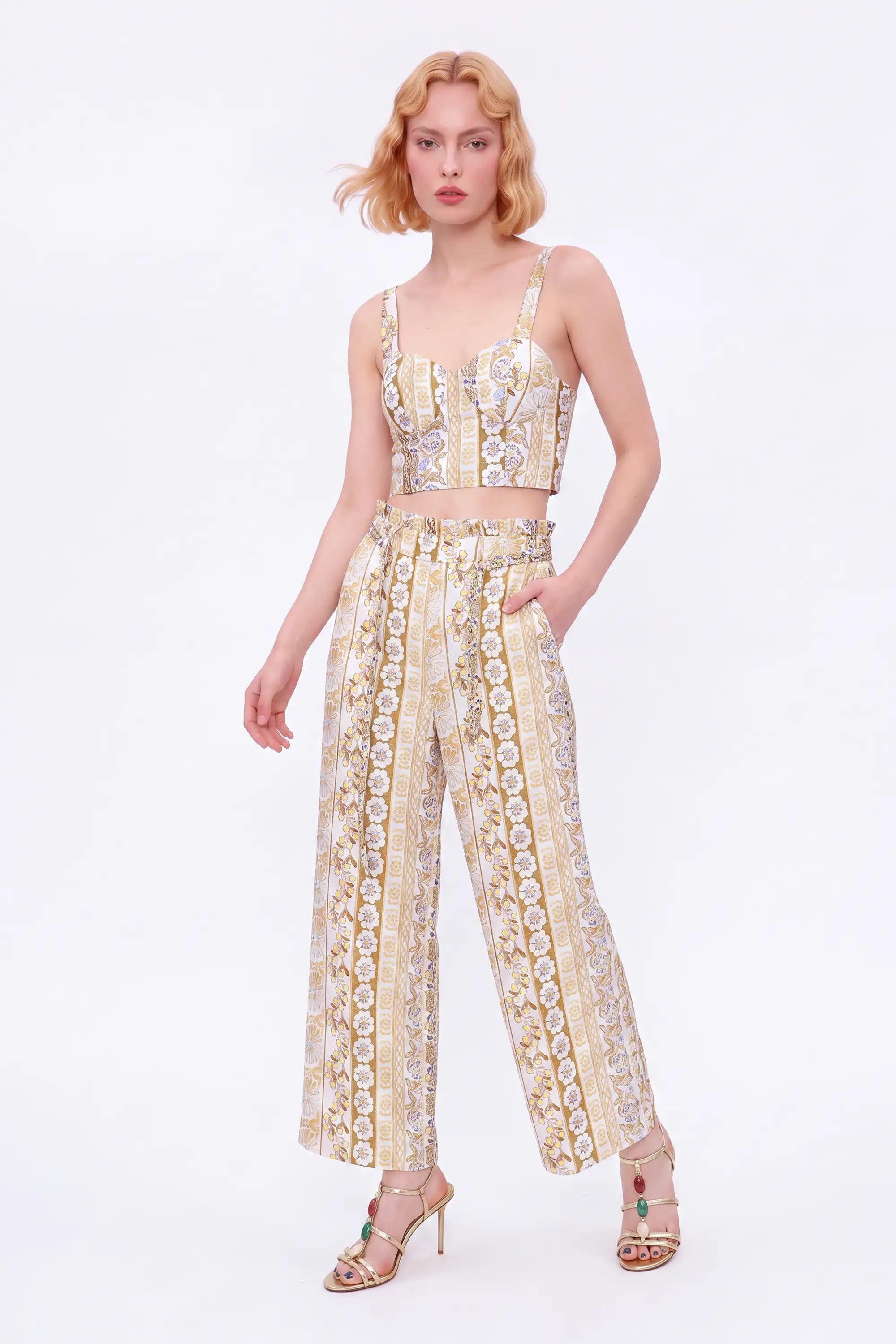 Yellow Floral Linen High-Waisted Wide-Leg Pants — model front view 3