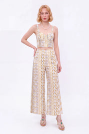 Yellow Floral Linen High-Waisted Wide-Leg Pants — model front view 4
