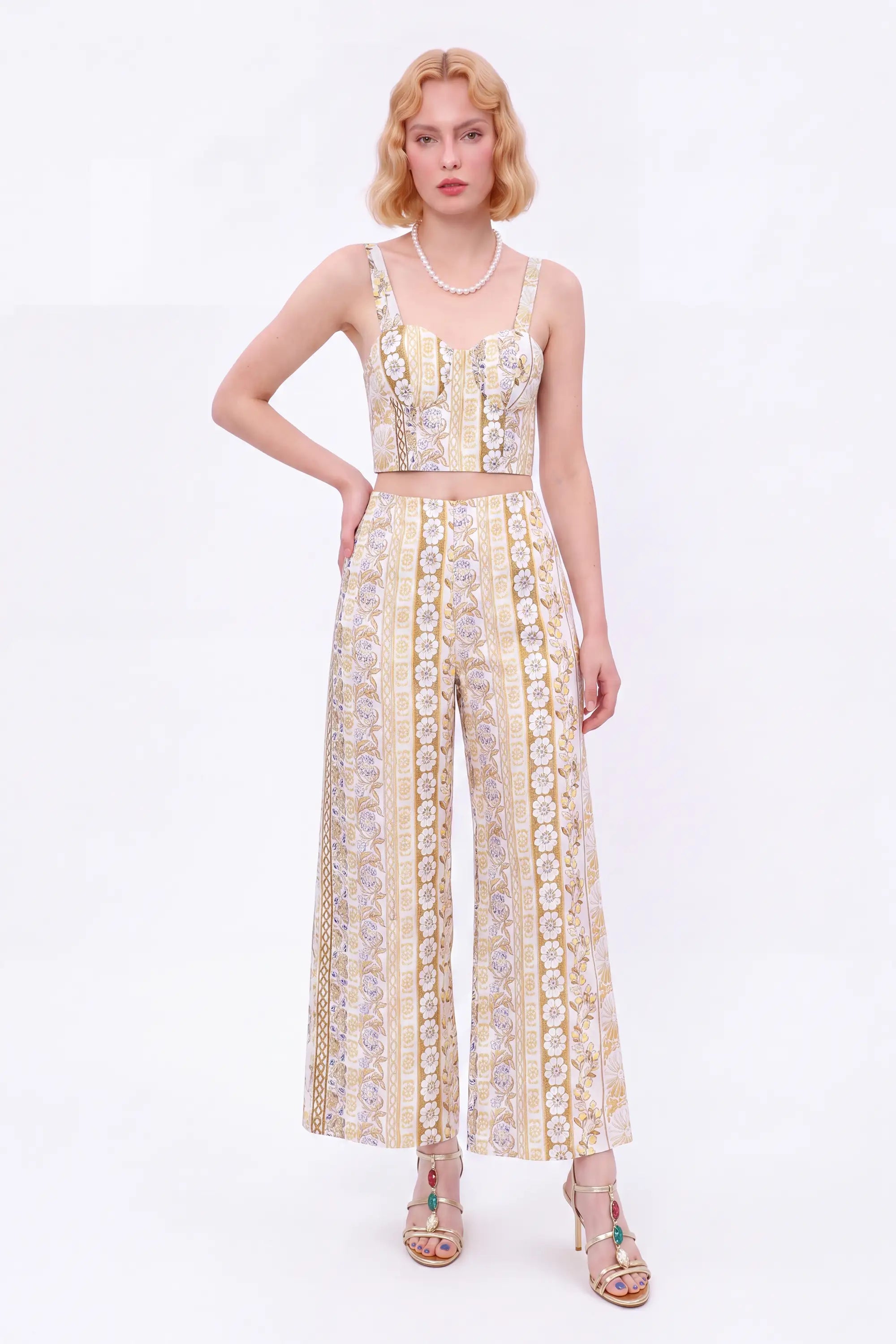 Yellow Floral Linen High-Waisted Wide-Leg Pants — model front view 4