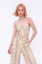Yellow Floral Linen High-Waisted Wide-Leg Pants — model front view 5