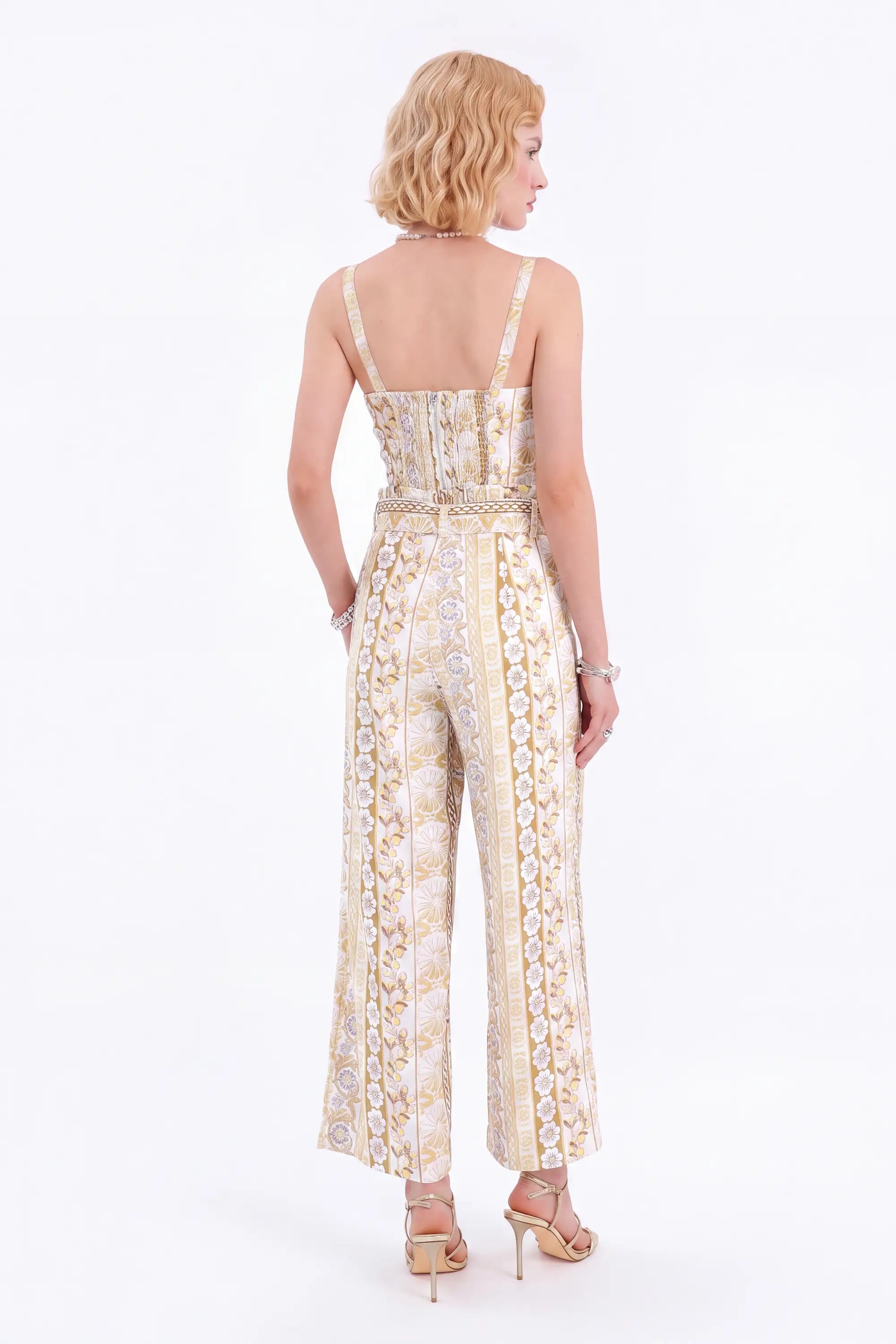 Yellow Floral Linen High-Waisted Wide-Leg Pants — model front view 6