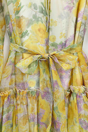 Yellow Floral Print Sheer Long-Sleeve Mini Dress with Tie Waist — design detail 1