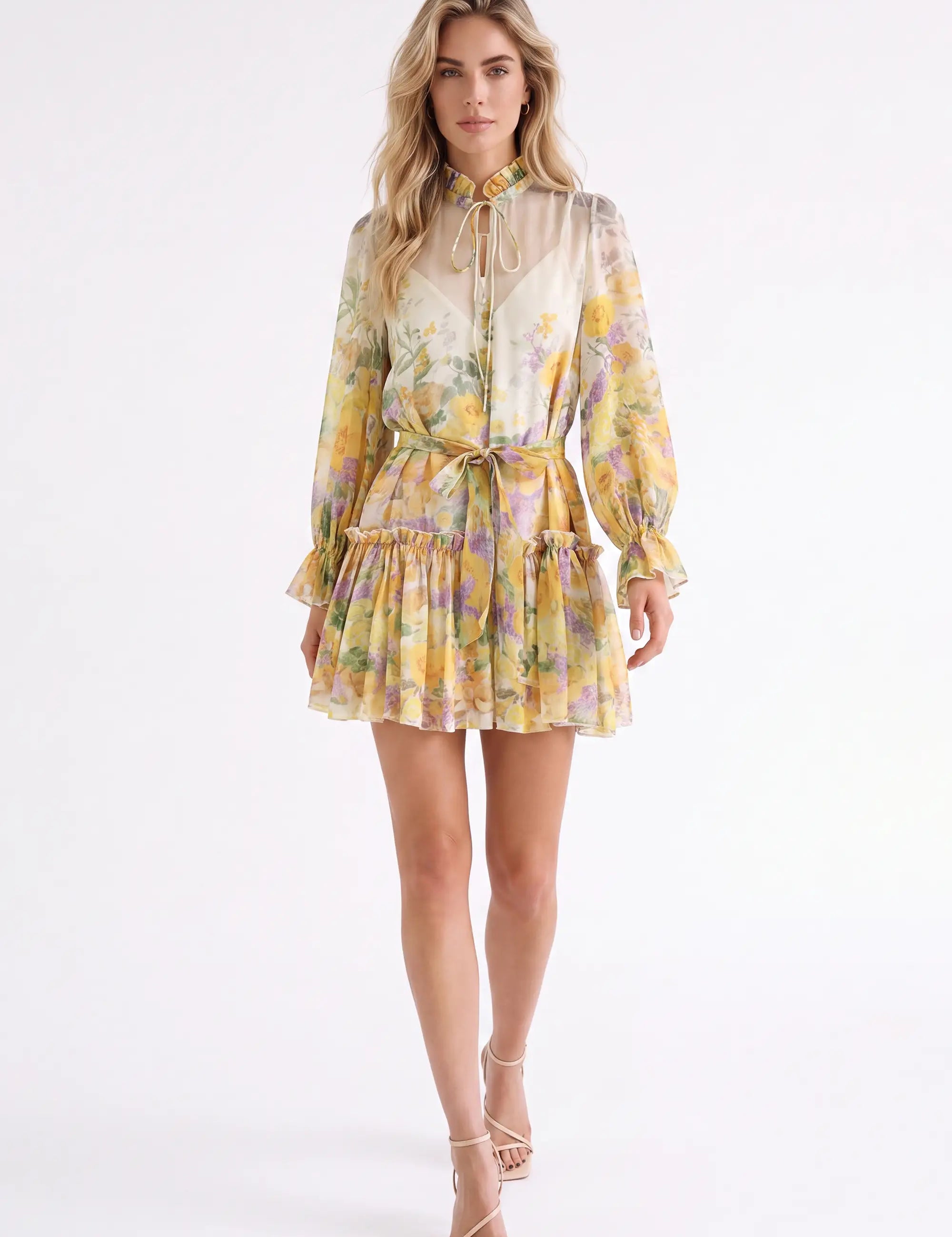 Yellow Floral Print Sheer Long-Sleeve Mini Dress with Tie Waist — model front view 1