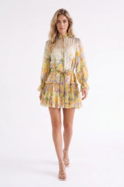 Yellow Floral Print Sheer Long-Sleeve Mini Dress with Tie Waist — model front view 1