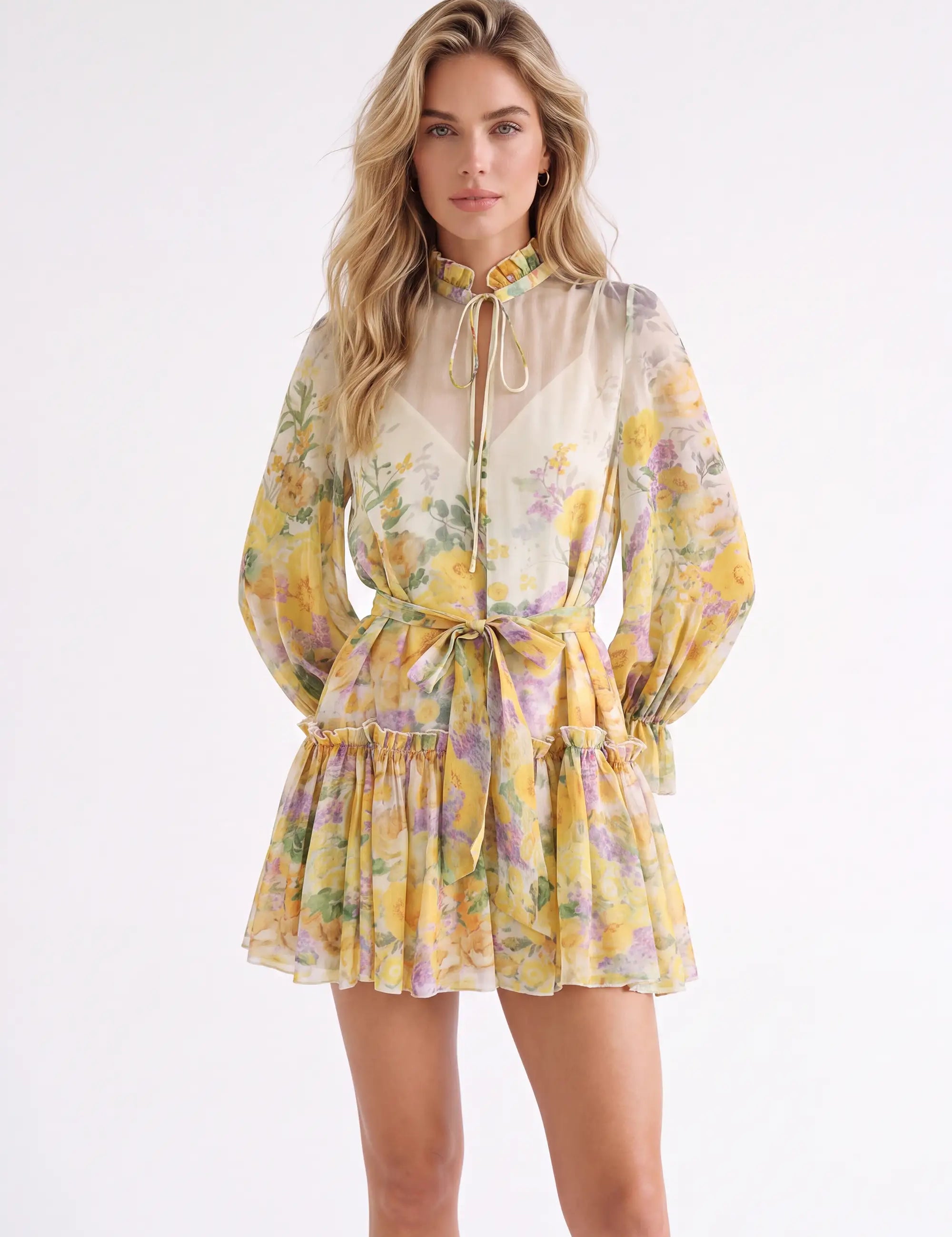 Yellow Floral Print Sheer Long-Sleeve Mini Dress with Tie Waist — model front view 2