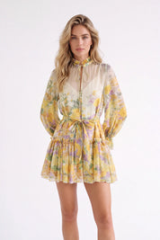 Yellow Floral Print Sheer Long-Sleeve Mini Dress with Tie Waist — model front view 2