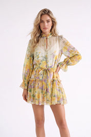 Yellow Floral Print Sheer Long-Sleeve Mini Dress with Tie Waist — model front view 3
