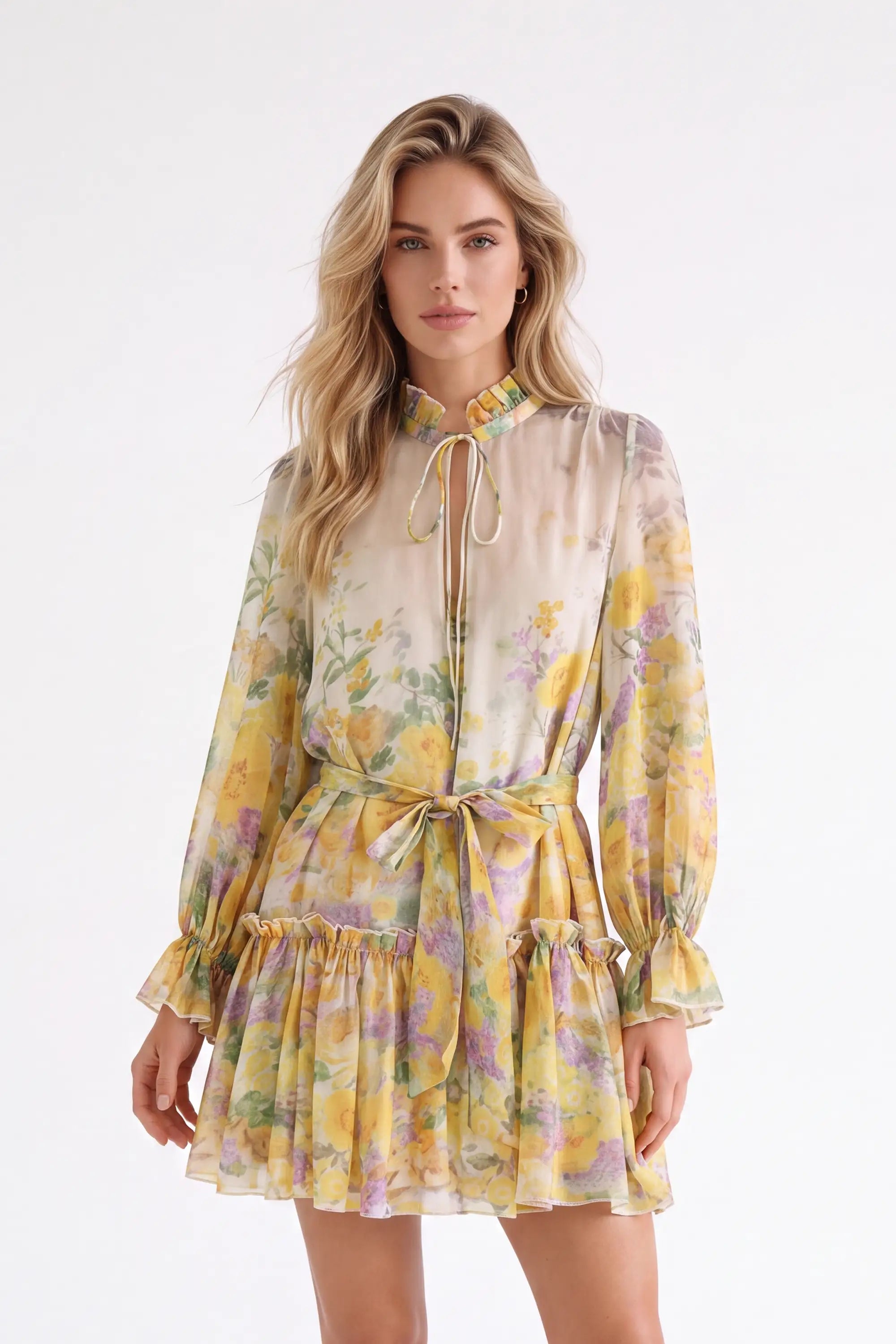 Yellow Floral Print Sheer Long-Sleeve Mini Dress with Tie Waist — model front view 4