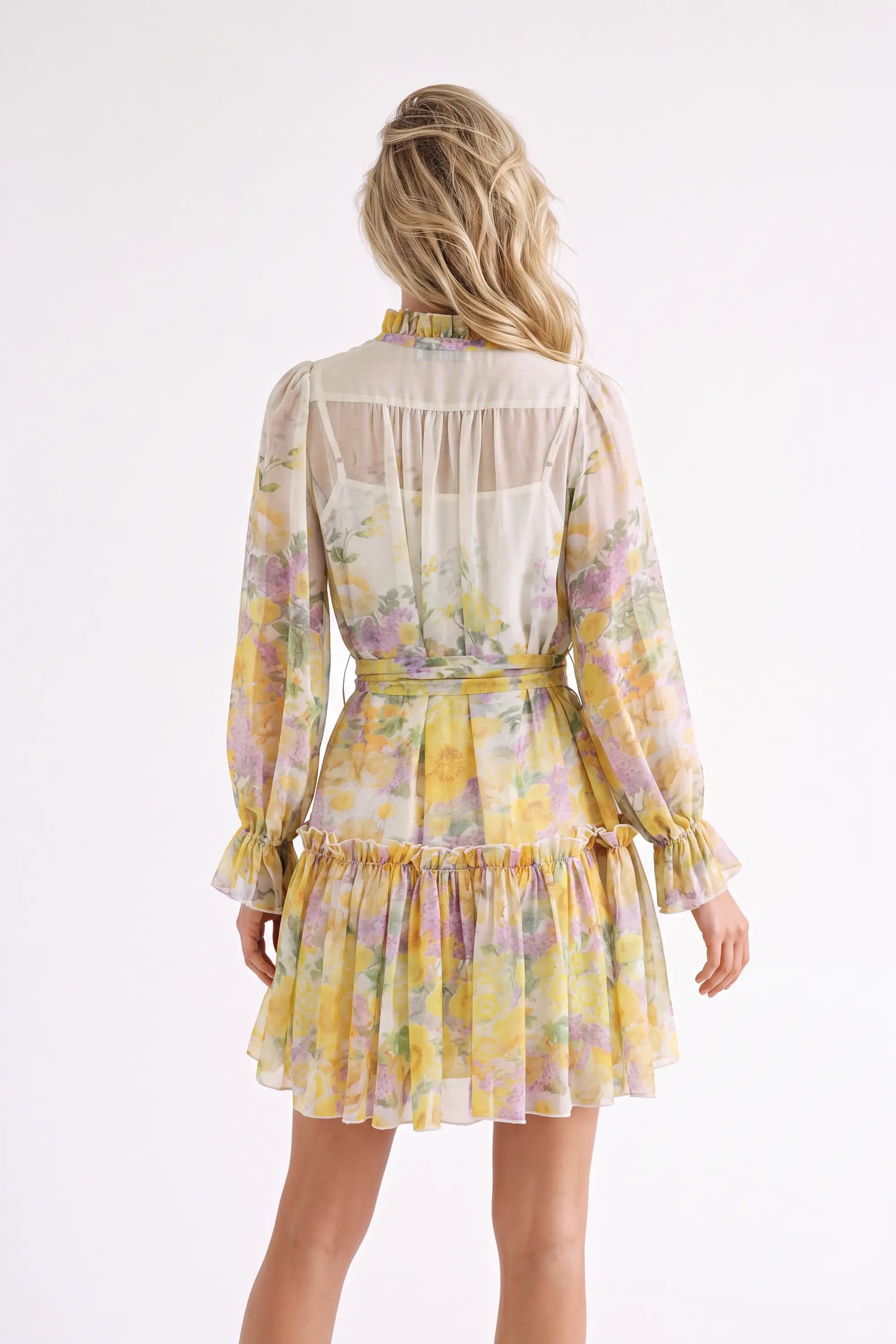 Yellow Floral Print Sheer Long-Sleeve Mini Dress with Tie Waist — model front view 5