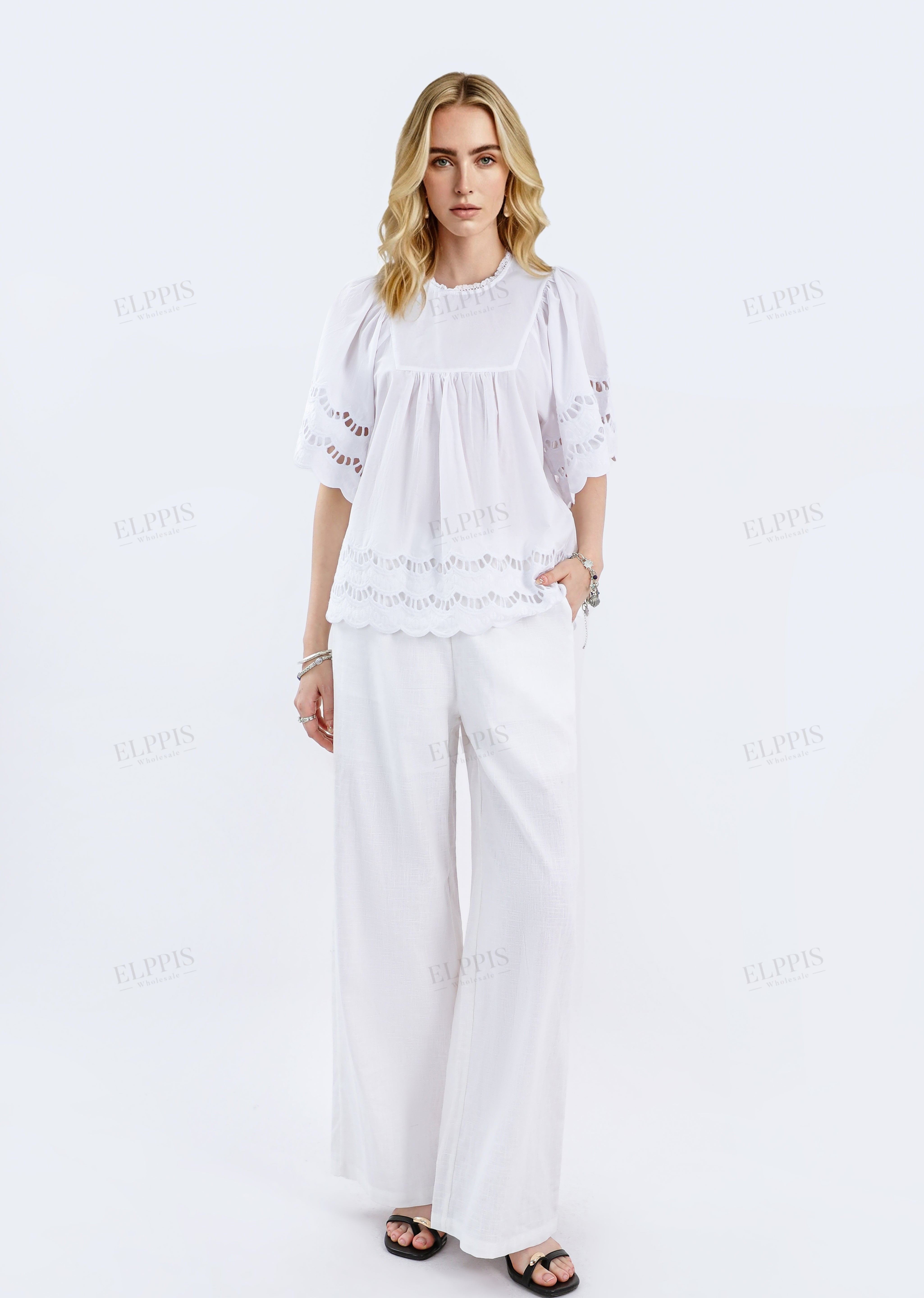 White Woven Wide-Leg Pants with Drawstring Waist
