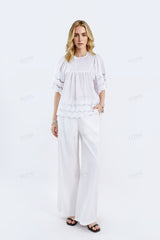 White Woven Wide-Leg Pants with Drawstring Waist