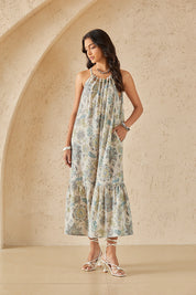 Neutral Paisley Floral Print Linen Halter Maxi Dress with Ruffled Hem