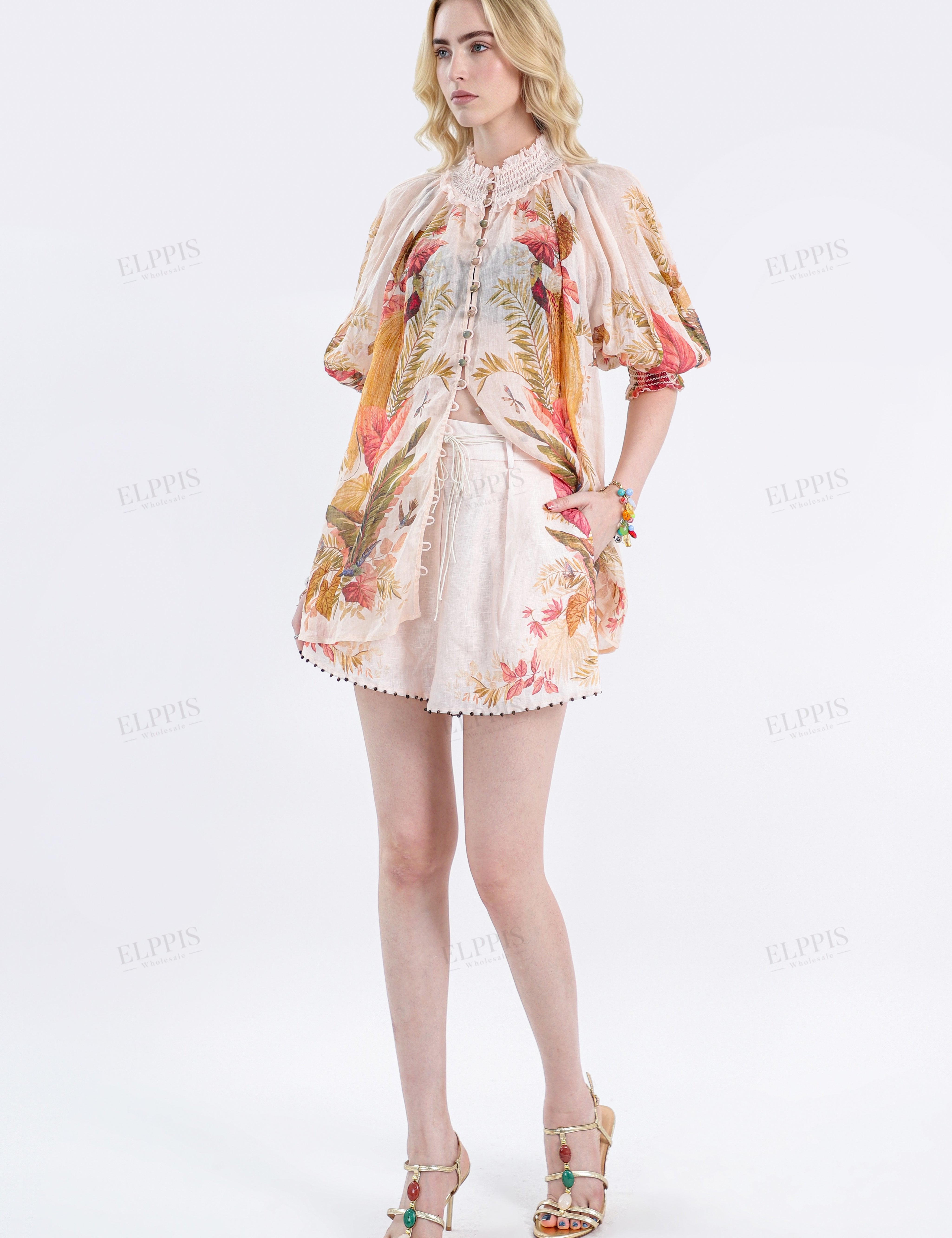 Pastel Tropical Print Shorts with Beaded Trim & Self-Tie Waist