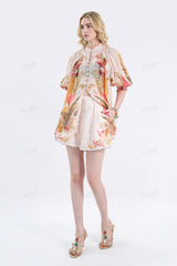Pastel Tropical Print Shorts with Beaded Trim & Self-Tie Waist
