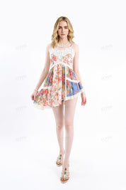 Floral Print Asymmetrical Cami Mini Dress with Lace Trim