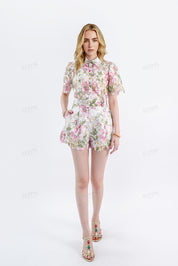 Floral Print Eyelet Lace High-Waisted Shorts with Belt