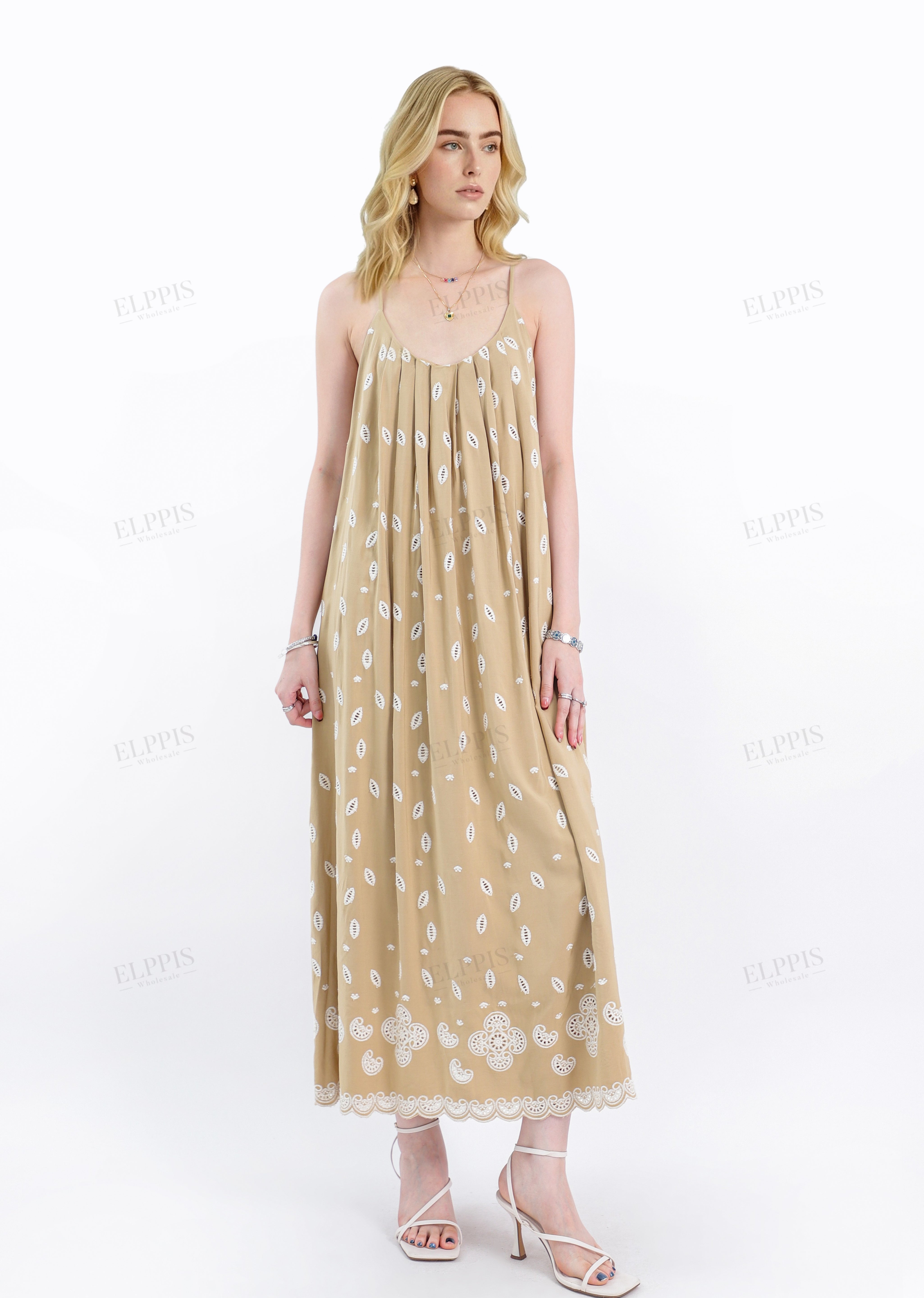 Beige Spaghetti Strap Maxi Dress with Cutwork Embroidery
