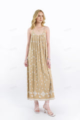 Beige Spaghetti Strap Maxi Dress with Cutwork Embroidery
