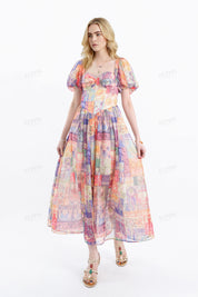 Colorful Patchwork Puff-Sleeve Maxi Dress