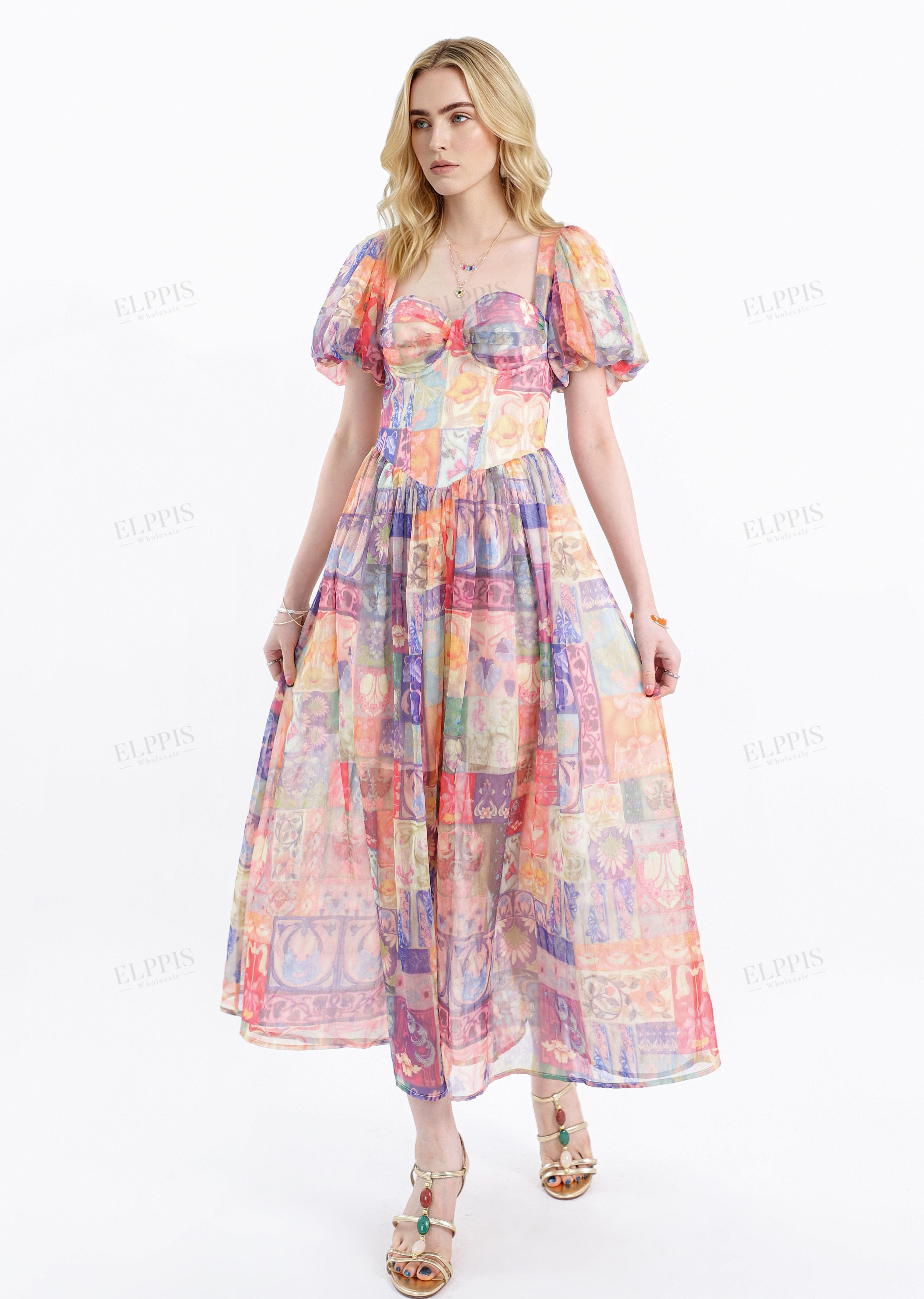 Colorful Patchwork Puff-Sleeve Maxi Dress