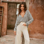 Striped cotton-linen H-line long sleeve top