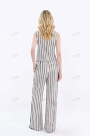Beige Cotton-Linen Blend Stripe Sleeveless Vest